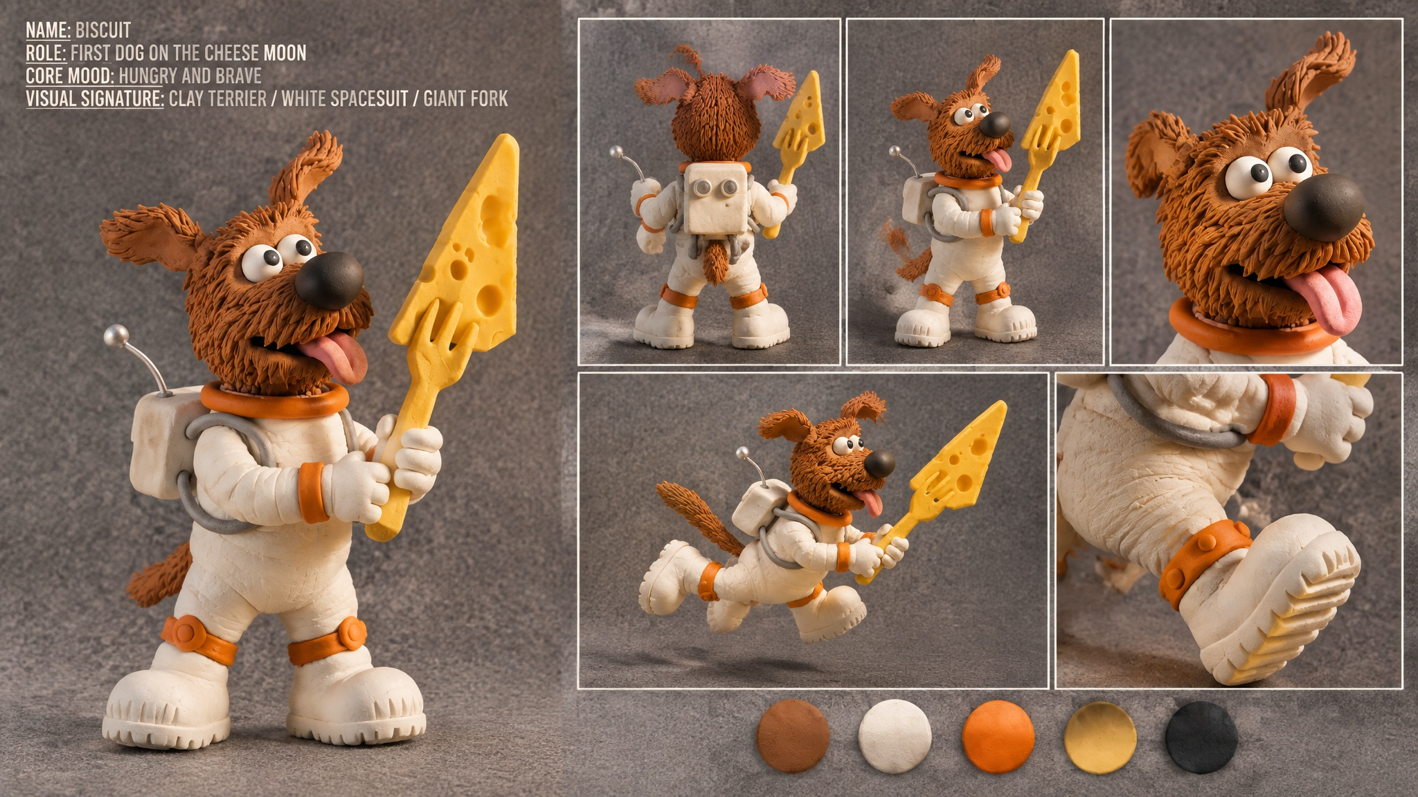 Clay dog astronaut with multiple poses and a cheese-shaped spear